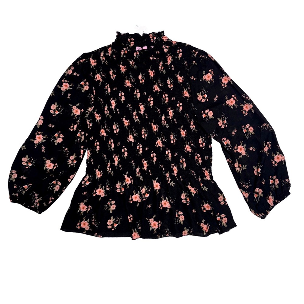 Crave Fame Francesca's Juniors Black Floral Smocked Peplum Top Large NEW